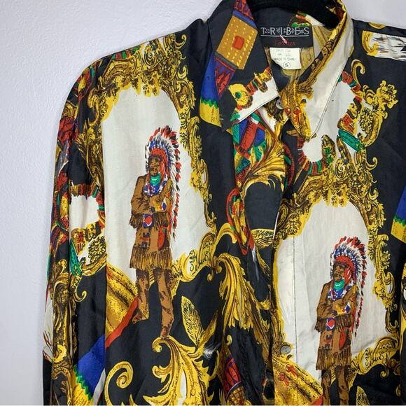 Tribes for her vintage 100% silk long sleeve print button down blouse native S - Picture 4 of 7